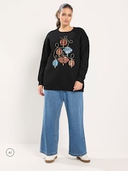 Yours Curve Black Sequin Bauble Novelty Sweatshirt - Image 2 of 6