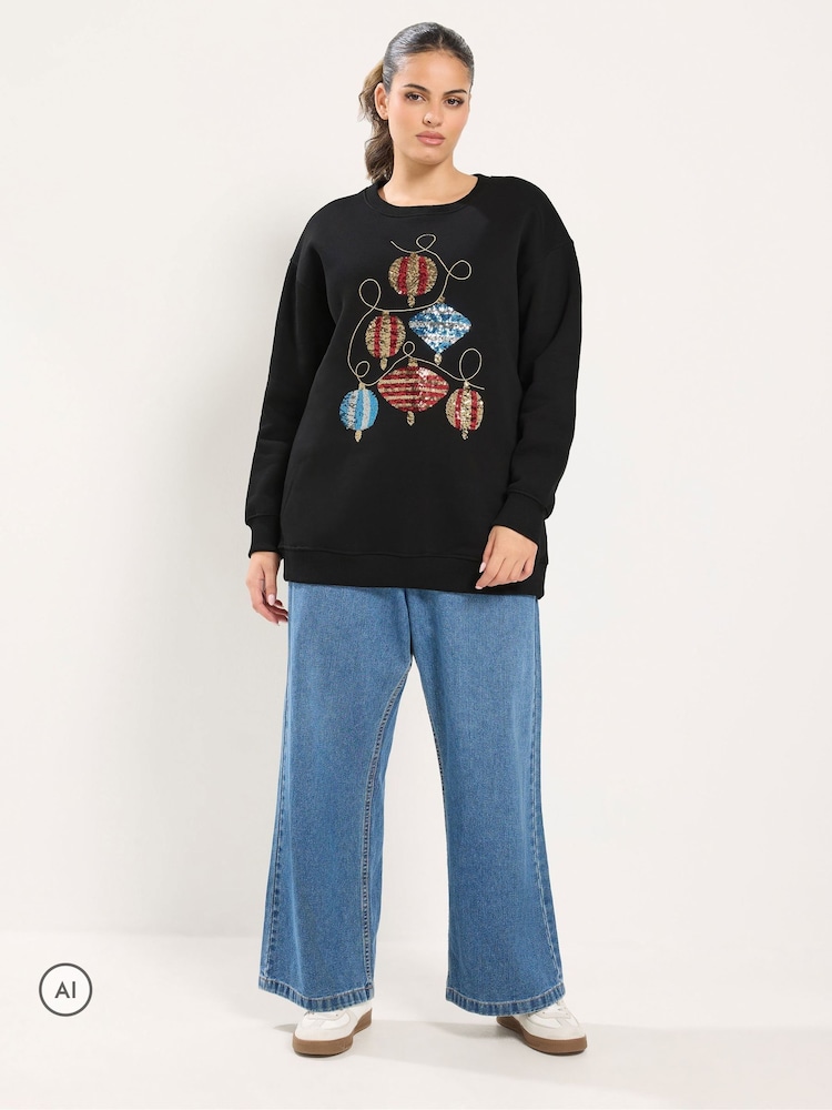 Yours Curve Black Sequin Bauble Novelty Sweatshirt - Image 2 of 6 Yours Curve Black Sequin Bauble Novelty Sweatshirt - Image 2 of 6