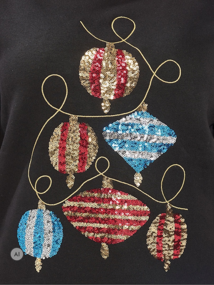 Yours Curve Black Sequin Bauble Novelty Sweatshirt - Image 6 of 6 Yours Curve Black Sequin Bauble Novelty Sweatshirt - Image 6 of 6