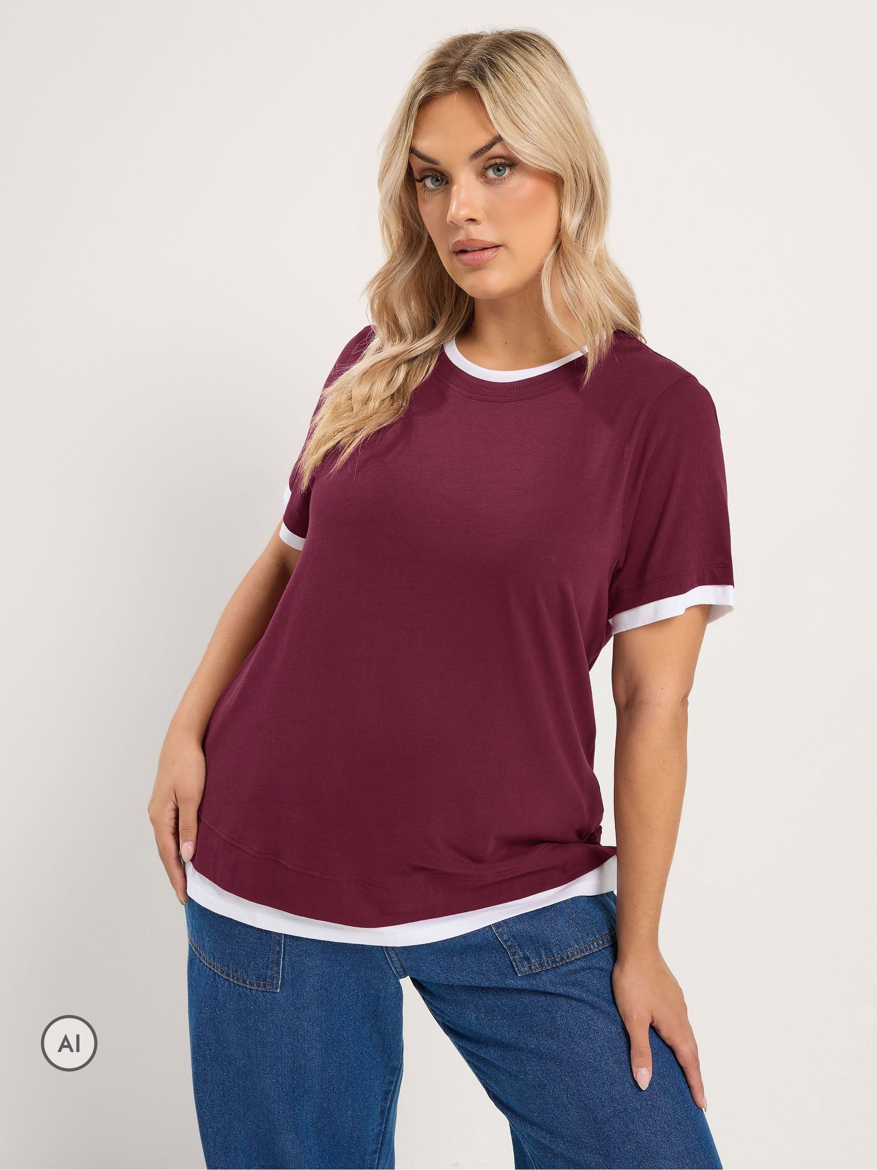 Yours Women's Burgundy 2-In-1 Cotton T-Shirt In | Size: 34/36 - Image 2