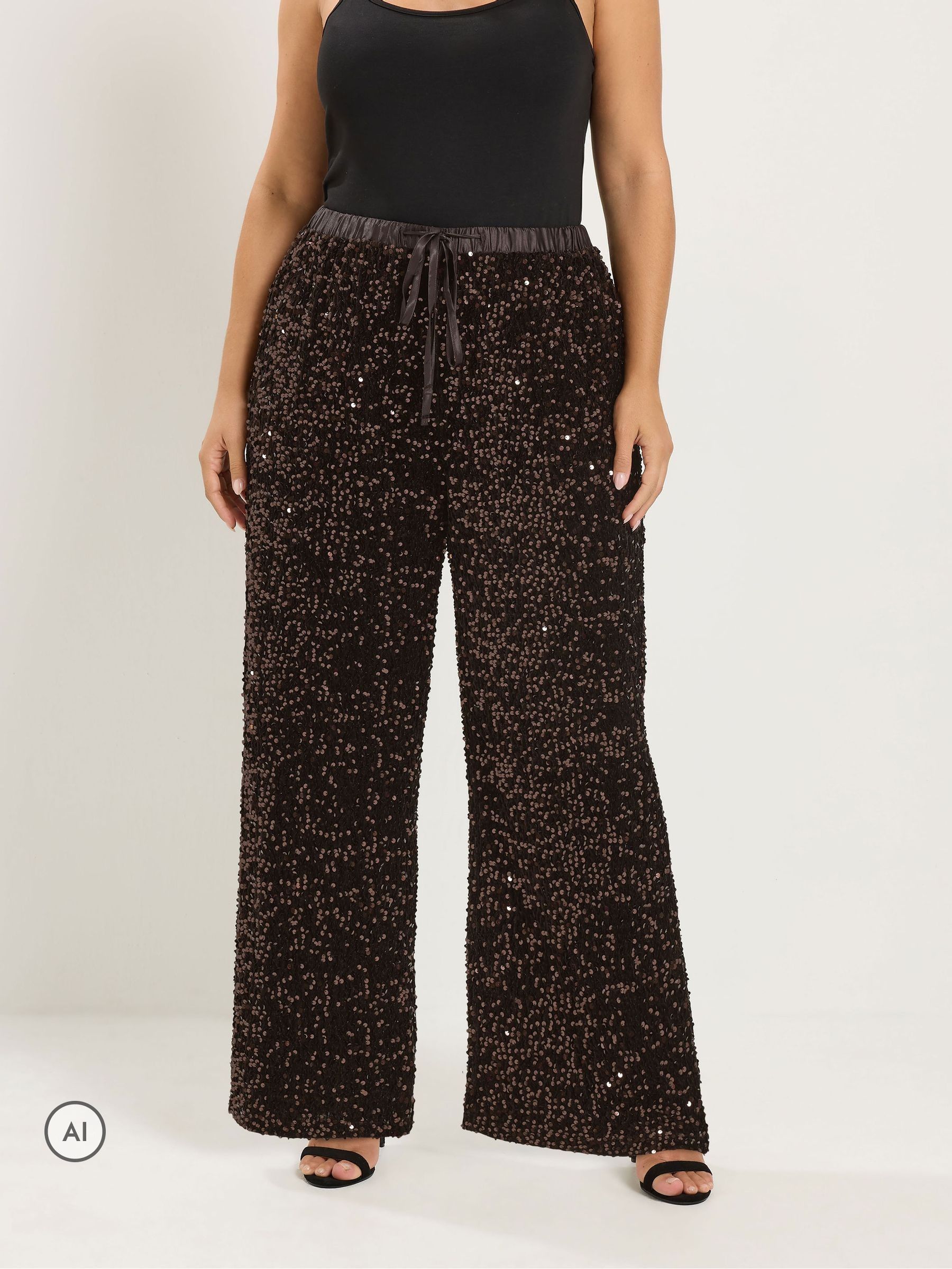 Yours Women's Chocolate Wide Leg Sequin Trousers In | Size: 30-32 - Image 2