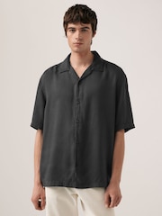 Charcoal Grey Tencel™ Lyocell Short Sleeve Shirt with Cuban Collar - Image 1 of 7