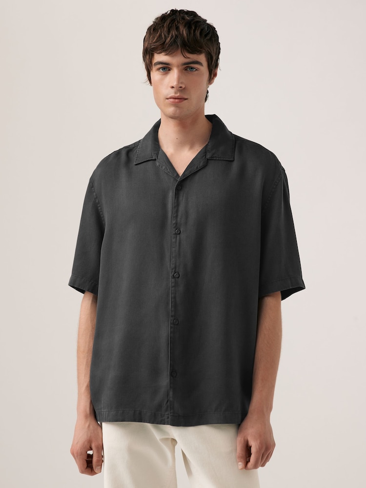 Charcoal Grey Tencel™ Lyocell Short Sleeve Shirt with Cuban Collar - Image 1 of 7