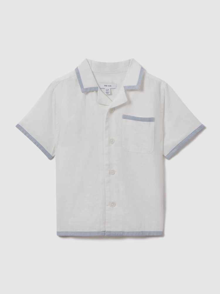 Reiss White/Soft Blue Vitan 9-13 yrs Linen Contrast Cuban Collar Shirt - Image 1 of 3