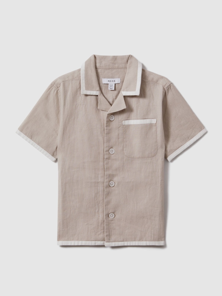 Reiss Stone/White Vitan 9-13 yrs Linen Contrast Cuban Collar Shirt - Image 2 of 4