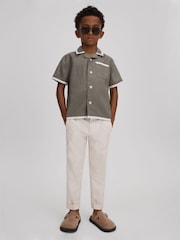 Reiss Khaki/White Vitan 3-9 yrs Linen Contrast Cuban Collar Shirt - Image 1 of 4