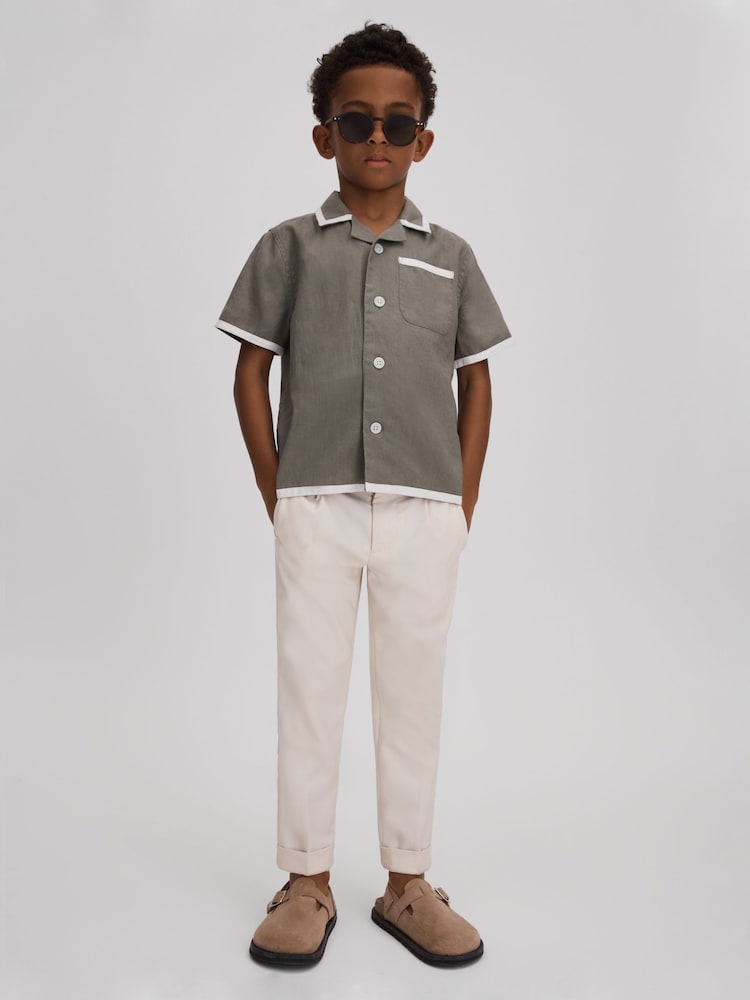 Reiss Khaki/White Vitan 3-9 yrs Linen Contrast Cuban Collar Shirt - Image 1 of 4