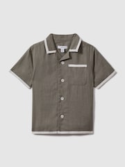 Reiss Khaki/White Vitan 3-9 yrs Linen Contrast Cuban Collar Shirt - Image 2 of 4