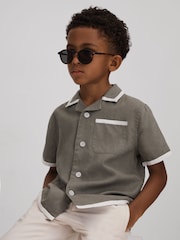 Reiss Khaki/White Vitan 3-9 yrs Linen Contrast Cuban Collar Shirt - Image 3 of 4