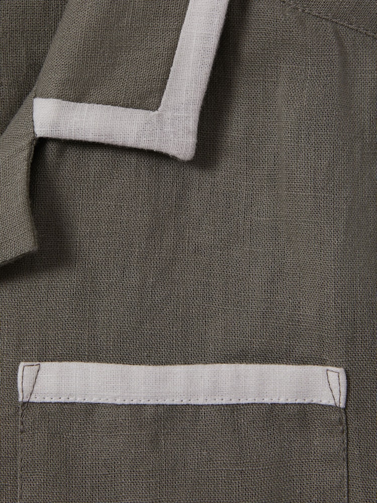Reiss Khaki/White Vitan 3-9 yrs Linen Contrast Cuban Collar Shirt - Image 4 of 4