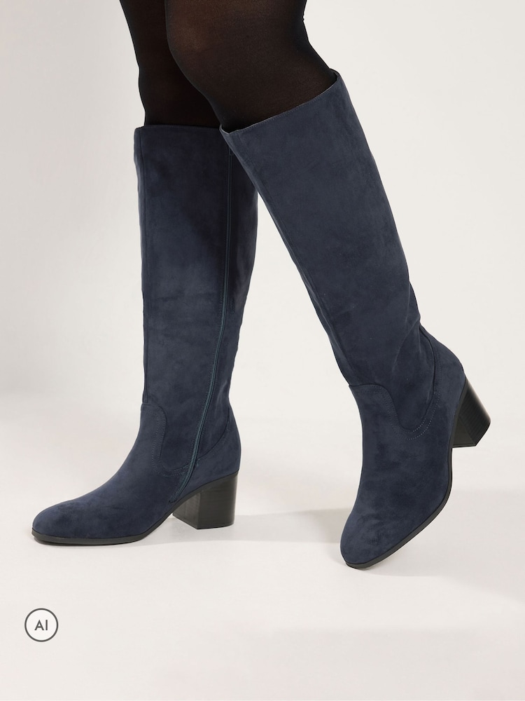 Yours Curve Blue Stacked Heel Faux Suede Boots - Image 1 of 4 Yours Curve Blue Stacked Heel Faux Suede Boots - Image 1 of 4