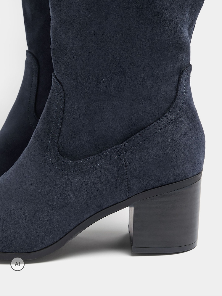 Yours Curve Blue Stacked Heel Faux Suede Boots - Image 4 of 4 Yours Curve Blue Stacked Heel Faux Suede Boots - Image 4 of 4