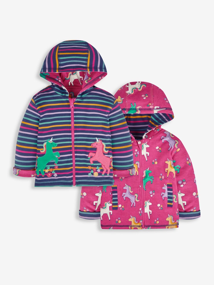 JoJo Maman Bébé Raspberry Pink Unicorn Appliqué Reversible Hoodie With Pet In Pocket - Image 1 of 7