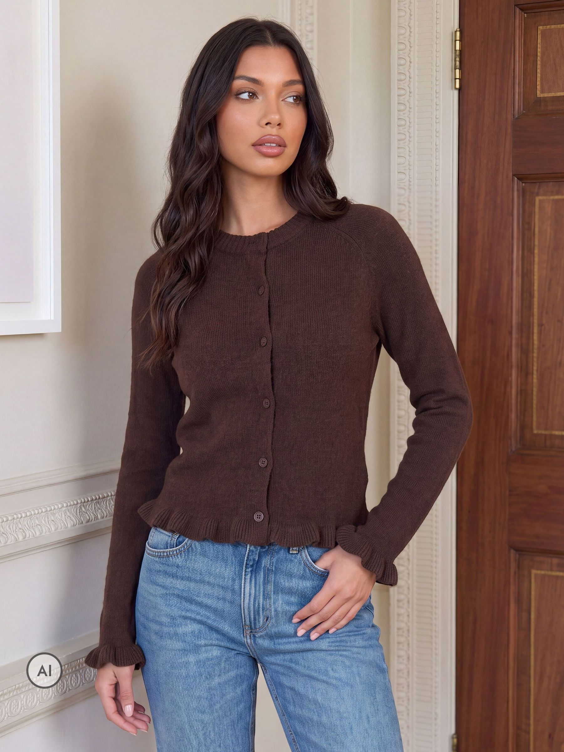 Buy Threadbare Chocolate Brown Crew Neck Ruffle Cardigan from Next USA