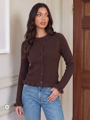 Threadbare Chocolate Brown Crew Neck Ruffle Cardigan - Image 1 of 5