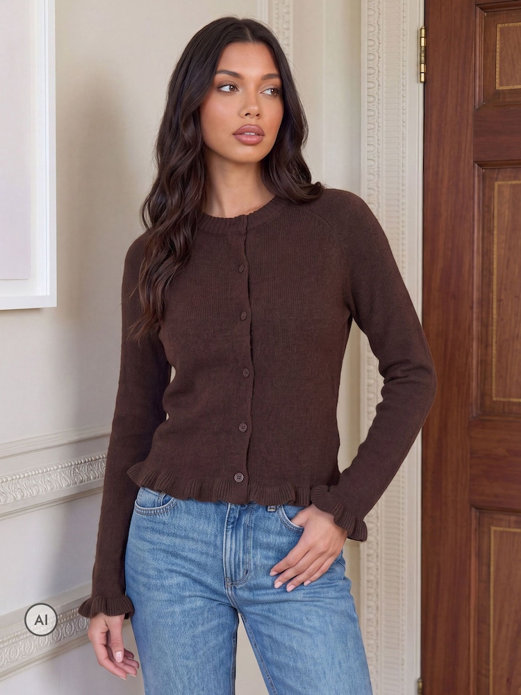 Threadbare Chocolate Brown Crew Neck Ruffle Cardigan - Image 1 of 5 Threadbare Chocolate Brown Crew Neck Ruffle Cardigan - Image 1 of 5