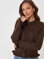 Threadbare Chocolate Brown Crew Neck Ruffle Cardigan - Image 2 of 5