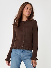 Threadbare Chocolate Brown Crew Neck Ruffle Cardigan - Image 3 of 5