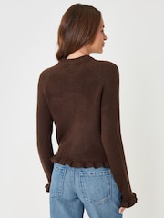 Threadbare Chocolate Brown Crew Neck Ruffle Cardigan - Image 4 of 5