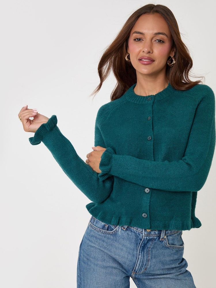 Threadbare Teal Green Crew Neck Ruffle Cardigan - Image 1 of 4 Threadbare Teal Green Crew Neck Ruffle Cardigan - Image 1 of 4