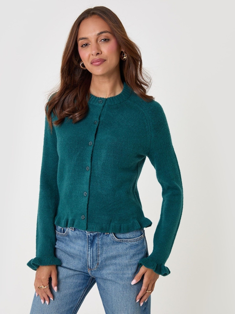 Threadbare Teal Green Crew Neck Ruffle Cardigan - Image 2 of 4 Threadbare Teal Green Crew Neck Ruffle Cardigan - Image 2 of 4