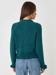 Threadbare Teal Green Crew Neck Ruffle Cardigan - Image 3 of 4