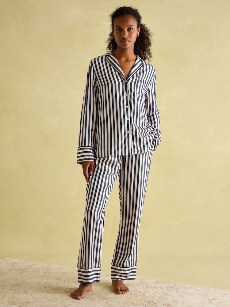 Joules Alma Navy & White Striped Pyjama Set - Image 1 of 7
