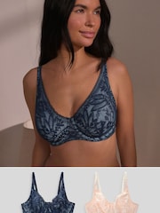 Navy Blue/Cream DD+ Non Pad Full Cup Lace Detail Bras 2 Pack - Image 1 of 1