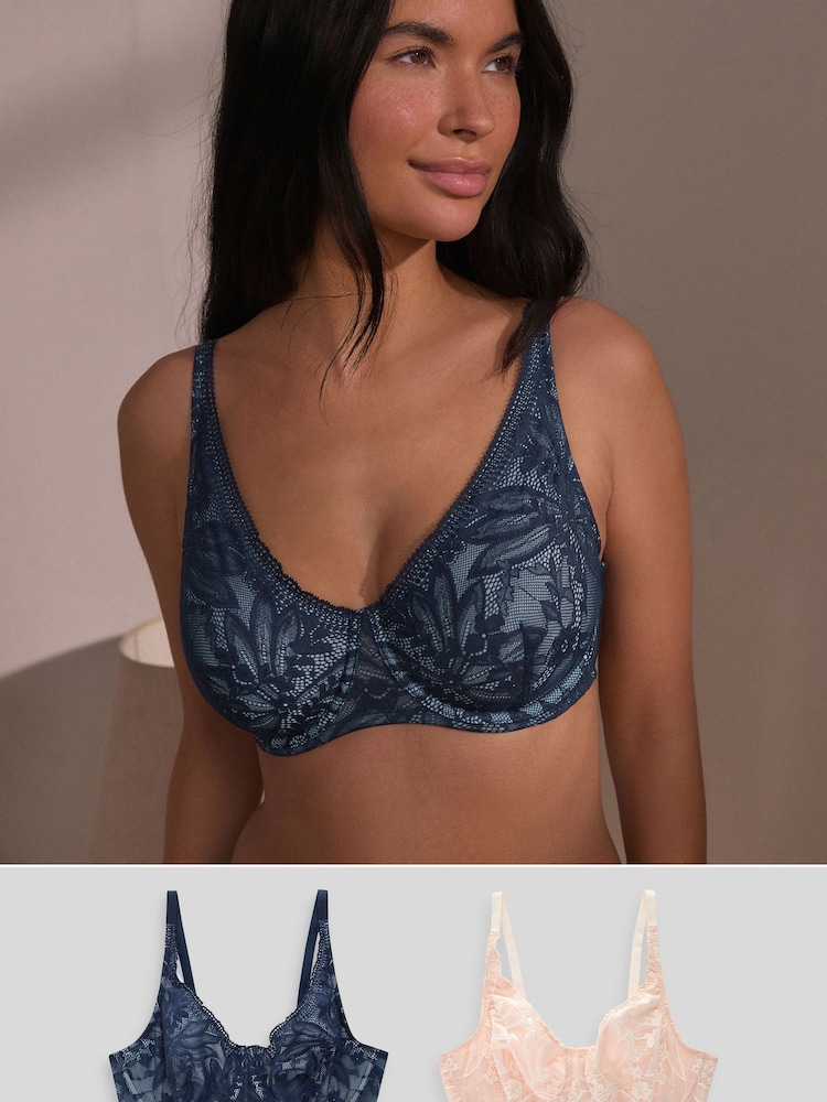 Navy Blue/Cream DD+ Non Pad Full Cup Lace Detail Bras 2 Pack - Image 1 of 1