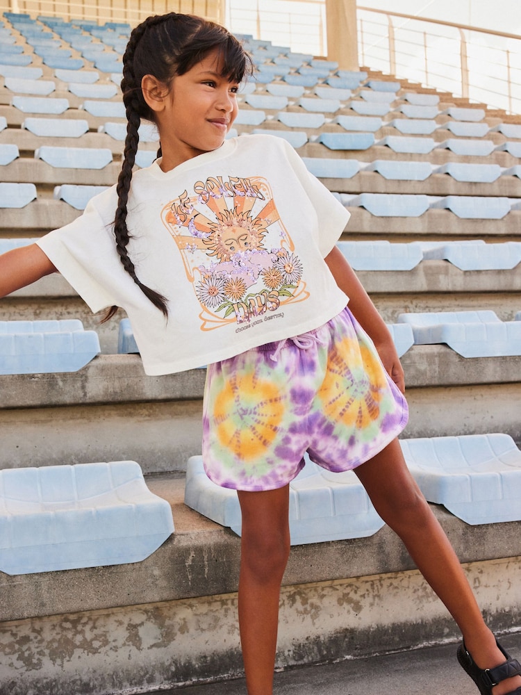 Ecru White Sequin Celestial Graphic 100% Cotton T-Shirt and Tie Dye Shorts Set (3-16yrs) - Image 1 of 7