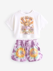 Ecru White Sequin Celestial Graphic 100% Cotton T-Shirt and Tie Dye Shorts Set (3-16yrs) - Image 5 of 7