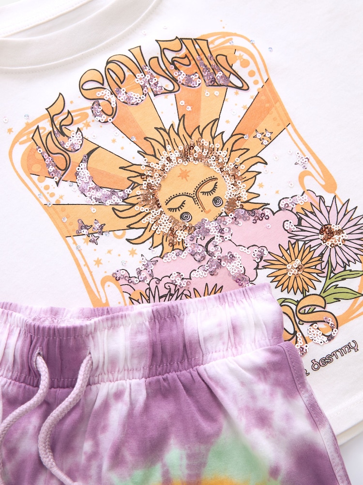 Ecru White Sequin Celestial Graphic 100% Cotton T-Shirt and Tie Dye Shorts Set (3-16yrs) - Image 7 of 7