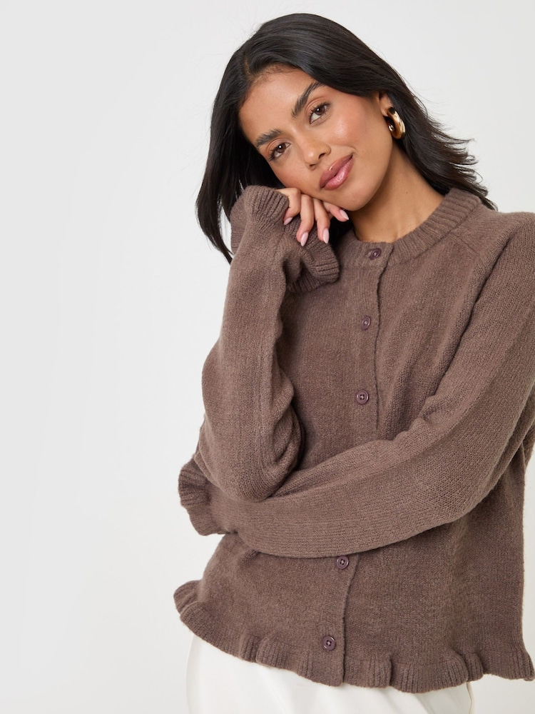 Threadbare Brown Crew Neck Ruffle Cardigan - Image 2 of 5 Threadbare Brown Crew Neck Ruffle Cardigan - Image 2 of 5