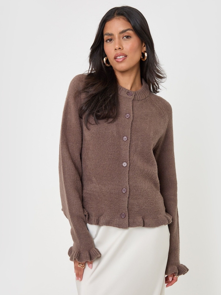 Threadbare Brown Crew Neck Ruffle Cardigan - Image 5 of 5 Threadbare Brown Crew Neck Ruffle Cardigan - Image 5 of 5