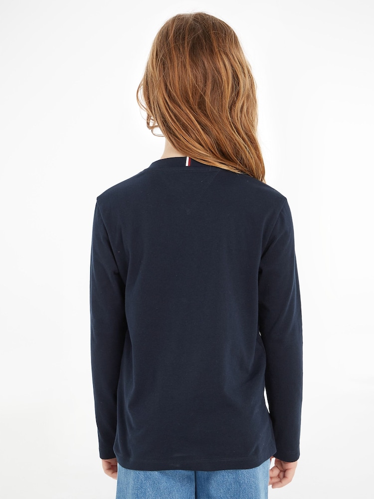 Tommy Hilfiger Blue Girls Essential Logo Long Sleeve 100% Cotton T-Shirt - Image 2 of 8 Tommy Hilfiger Blue Girls Essential Logo Long Sleeve 100% Cotton T-Shirt - Image 2 of 8