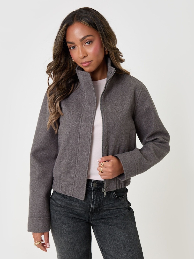 Threadbare Grey Faux Wool Funnel Neck Bomber Jacket - Image 1 of 5