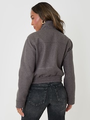 Threadbare Grey Faux Wool Funnel Neck Bomber Jacket - Image 2 of 5