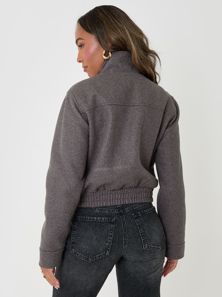Threadbare Grey Faux Wool Funnel Neck Bomber Jacket - Image 2 of 5