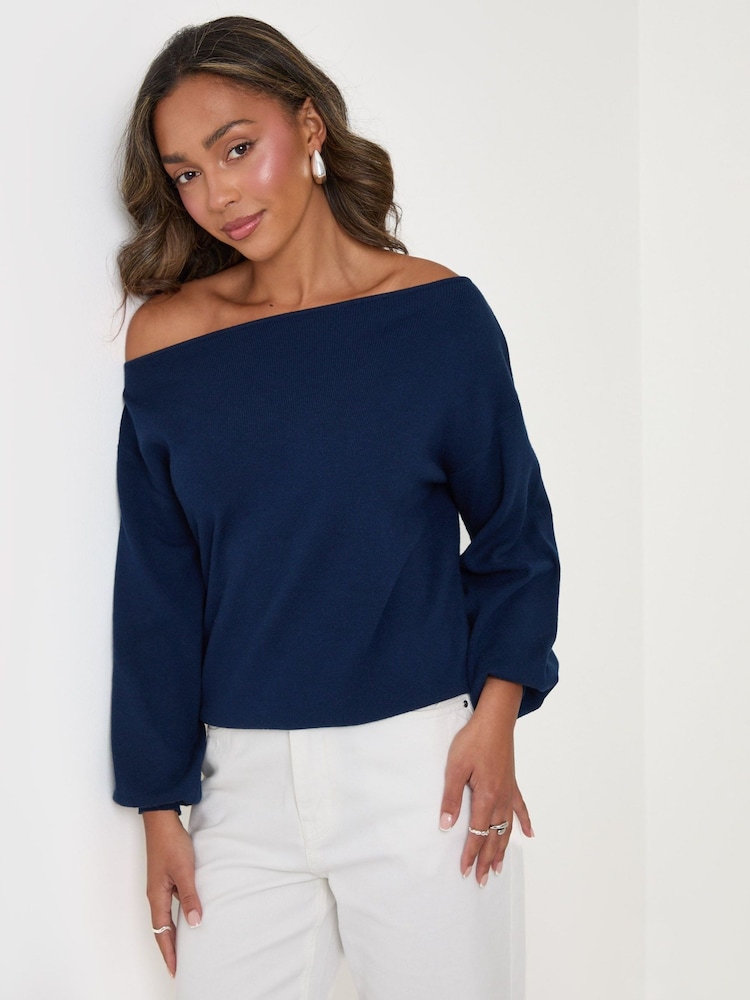 Threadbare Blue Slash Neck Knitted Jumper - Image 1 of 4 Threadbare Blue Slash Neck Knitted Jumper - Image 1 of 4