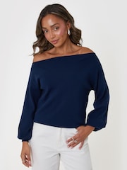 Threadbare Blue Slash Neck Knitted Jumper - Image 2 of 4