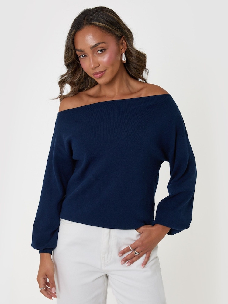Threadbare Blue Slash Neck Knitted Jumper - Image 2 of 4 Threadbare Blue Slash Neck Knitted Jumper - Image 2 of 4