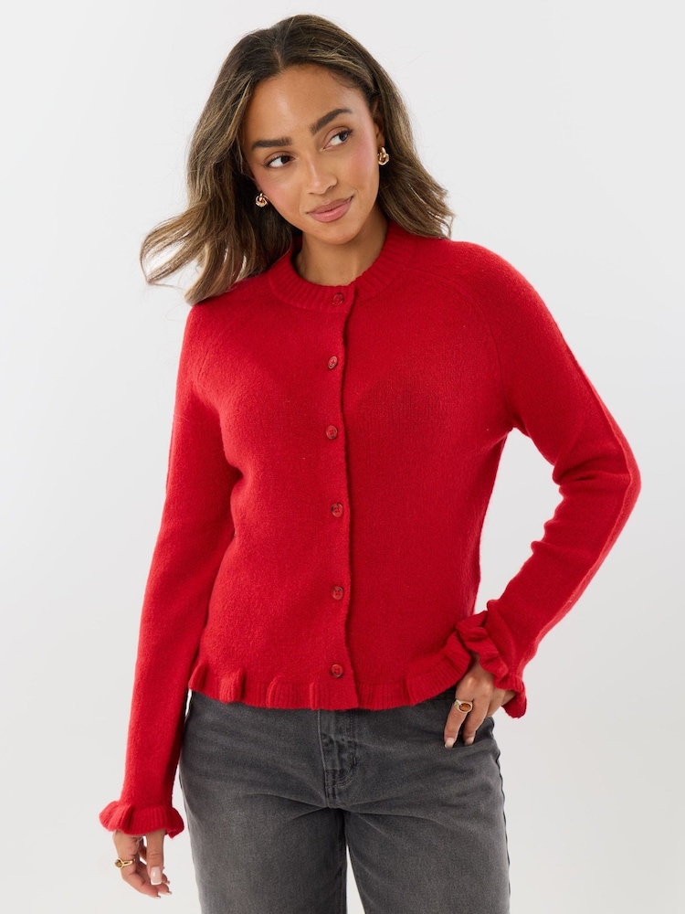 Threadbare Red Crew Neck Ruffle Cardigan - Image 1 of 4 Threadbare Red Crew Neck Ruffle Cardigan - Image 1 of 4