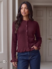 Threadbare Burgundy Red Crew Neck Ruffle Cardigan - Image 1 of 6