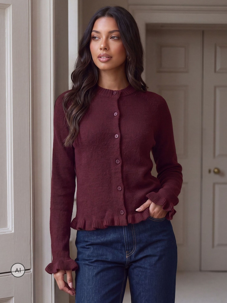 Threadbare Burgundy Red Crew Neck Ruffle Cardigan - Image 1 of 6 Threadbare Burgundy Red Crew Neck Ruffle Cardigan - Image 1 of 6