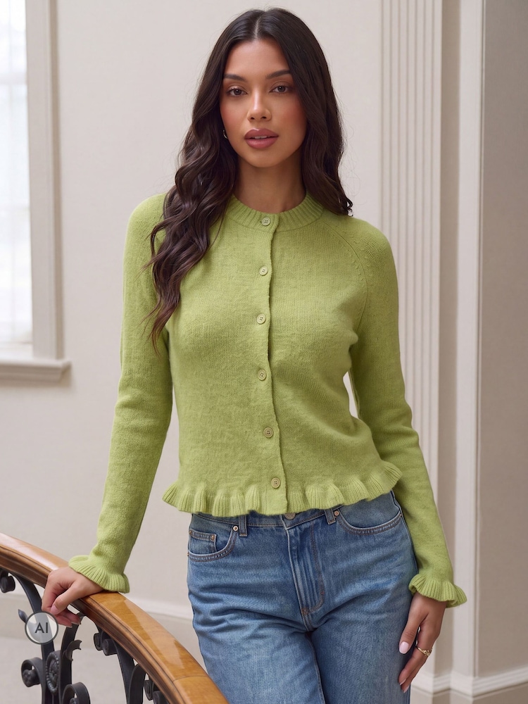 Threadbare Green Crew Neck Ruffle Cardigan - Image 1 of 6 Threadbare Green Crew Neck Ruffle Cardigan - Image 1 of 6