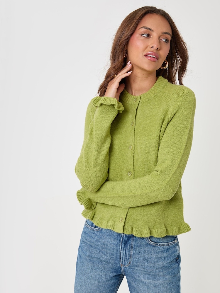 Threadbare Green Crew Neck Ruffle Cardigan - Image 2 of 6 Threadbare Green Crew Neck Ruffle Cardigan - Image 2 of 6