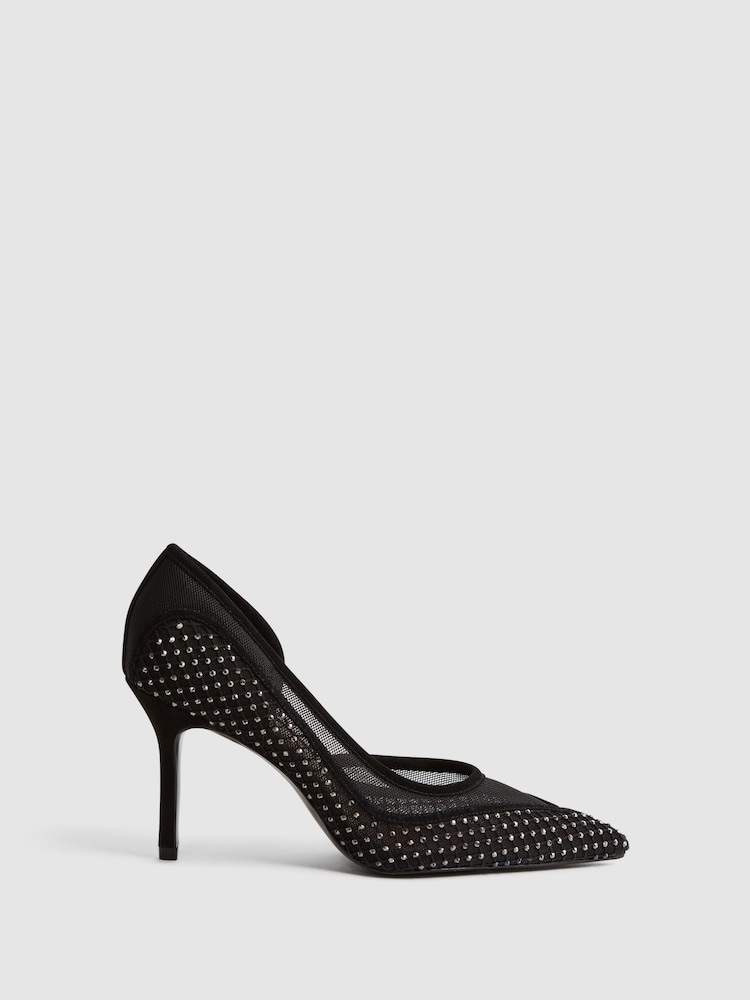 Reiss Black Keri Embellished Mesh Court Shoes - Image 1 of 5