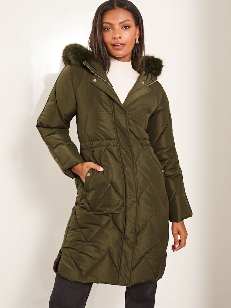 Lipsy Khaki Green Shower Resistant Quilted Padded Parka Coat - Image 1 of 4