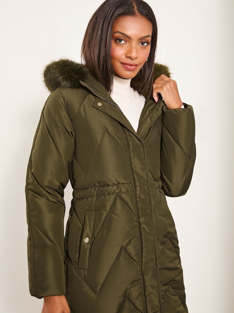 Lipsy Khaki Green Shower Resistant Quilted Padded Parka Coat - Image 4 of 4