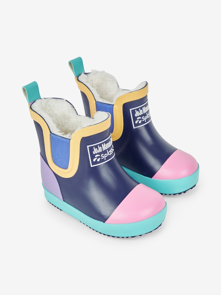 JoJo Maman Bébé Navy Blue Cosy Lined Colour Block Wellies - Image 1 of 6